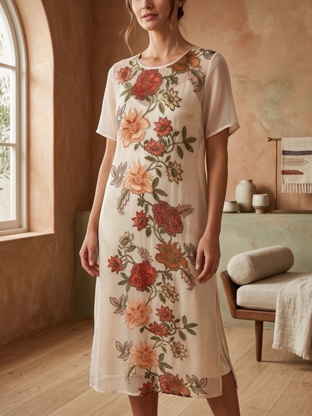 Vince Camuto Cream Sheer Duster with Floral Design NWOT